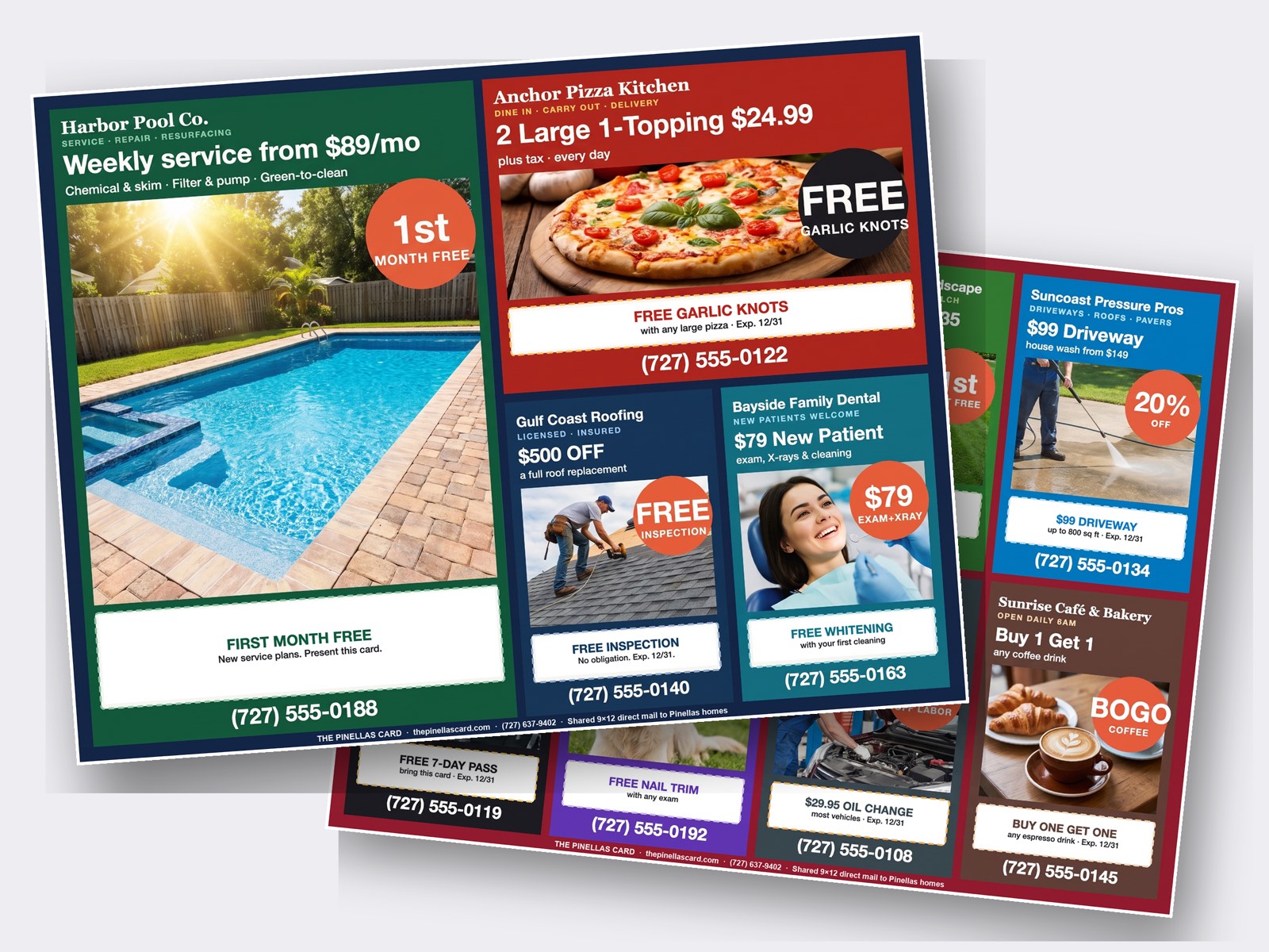 Front and back of a fully printed 9 by 12 inch shared postcard, angled and overlapping, showing eleven local business advertisements across sixteen spaces.