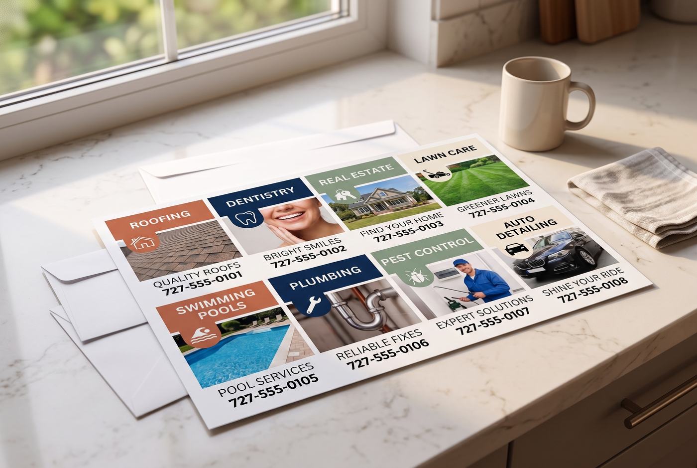 A 9x12 Pinellas Card postcard on a kitchen counter, two to three times the size of the ordinary envelopes beneath it. The advertisers shown are an example layout - all sixteen spaces on this card are currently open.
