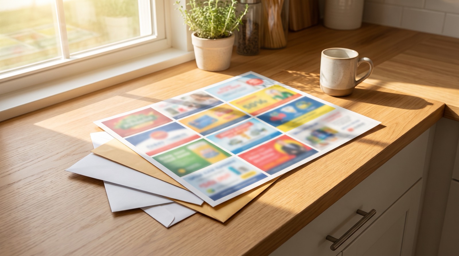 An oversized 9 by 12 inch advertising card lying face-up on a small stack of envelopes on a sunlit kitchen counter.