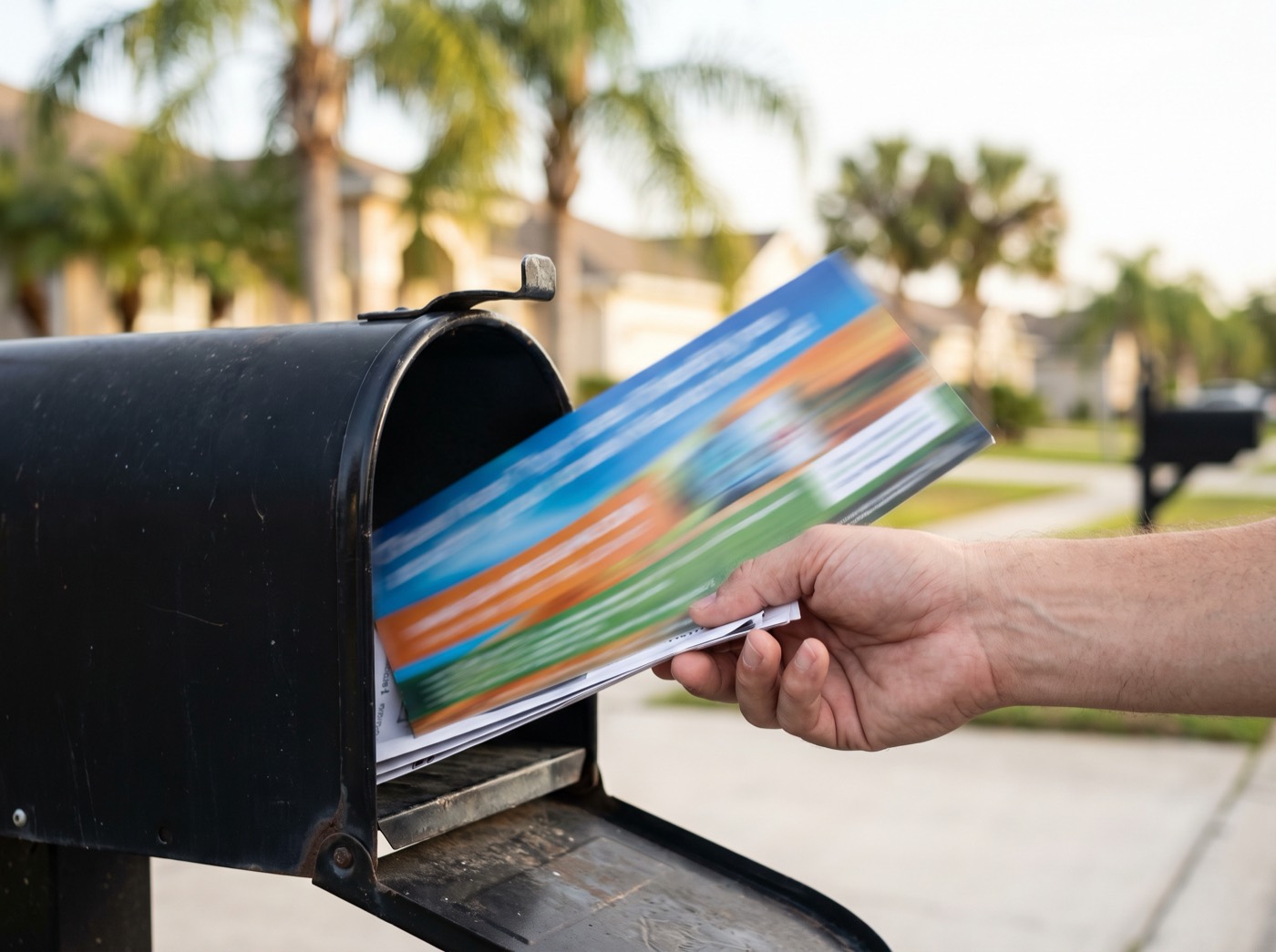 A hand lifting a bundle of mail from a curbside mailbox on a Florida street, with a large colourful advertising card on top of the bundle.